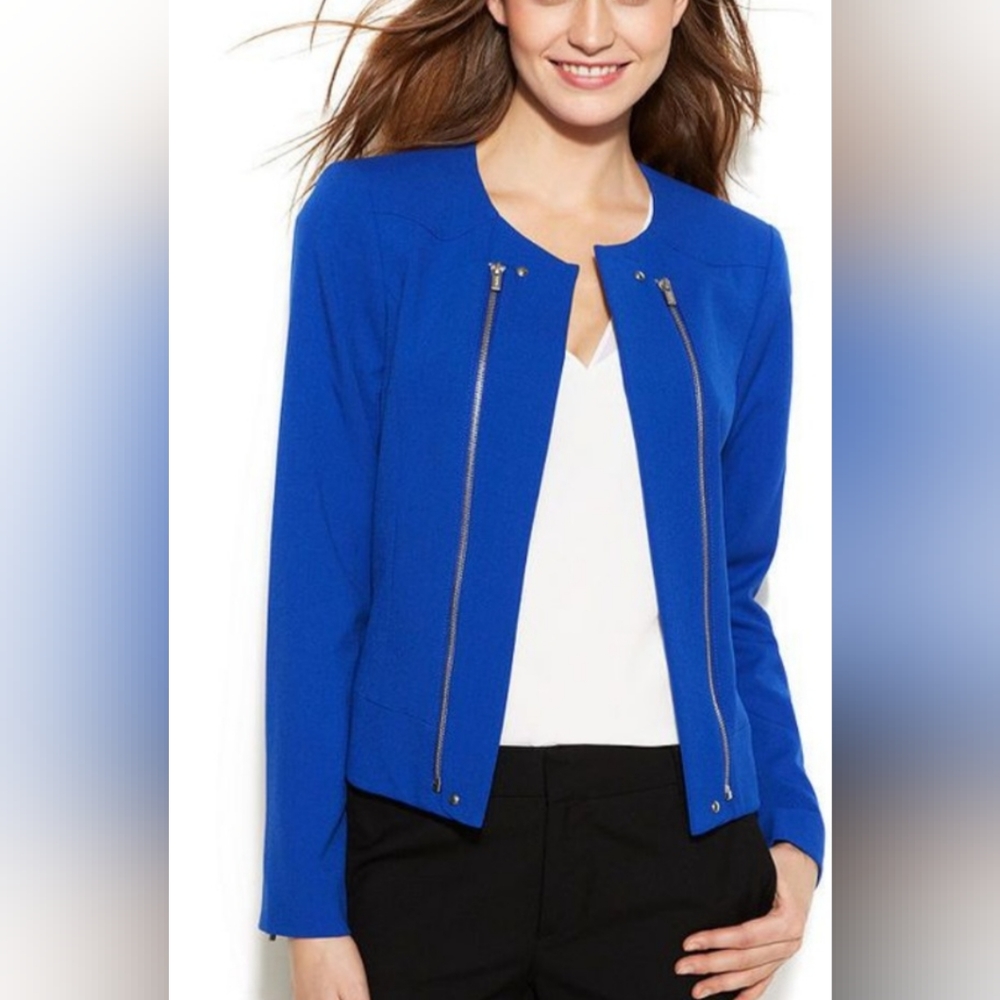Calvin Klein is in a brilliant blue moto blazer in a size 14 100% polyester